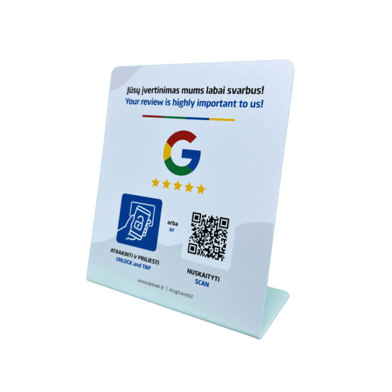 Google stovelis — Google atsiliepimų rinkimo įrenginys su QR ir NFC