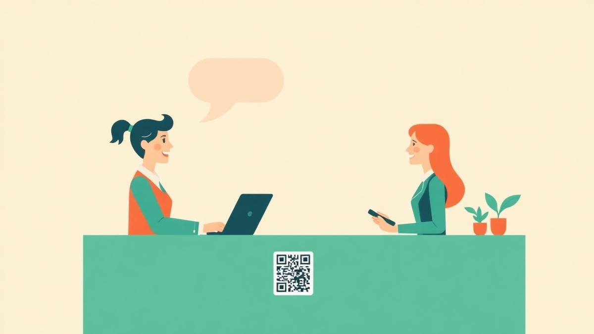Darbuotojas ir klientas prie kasos su QR kodu