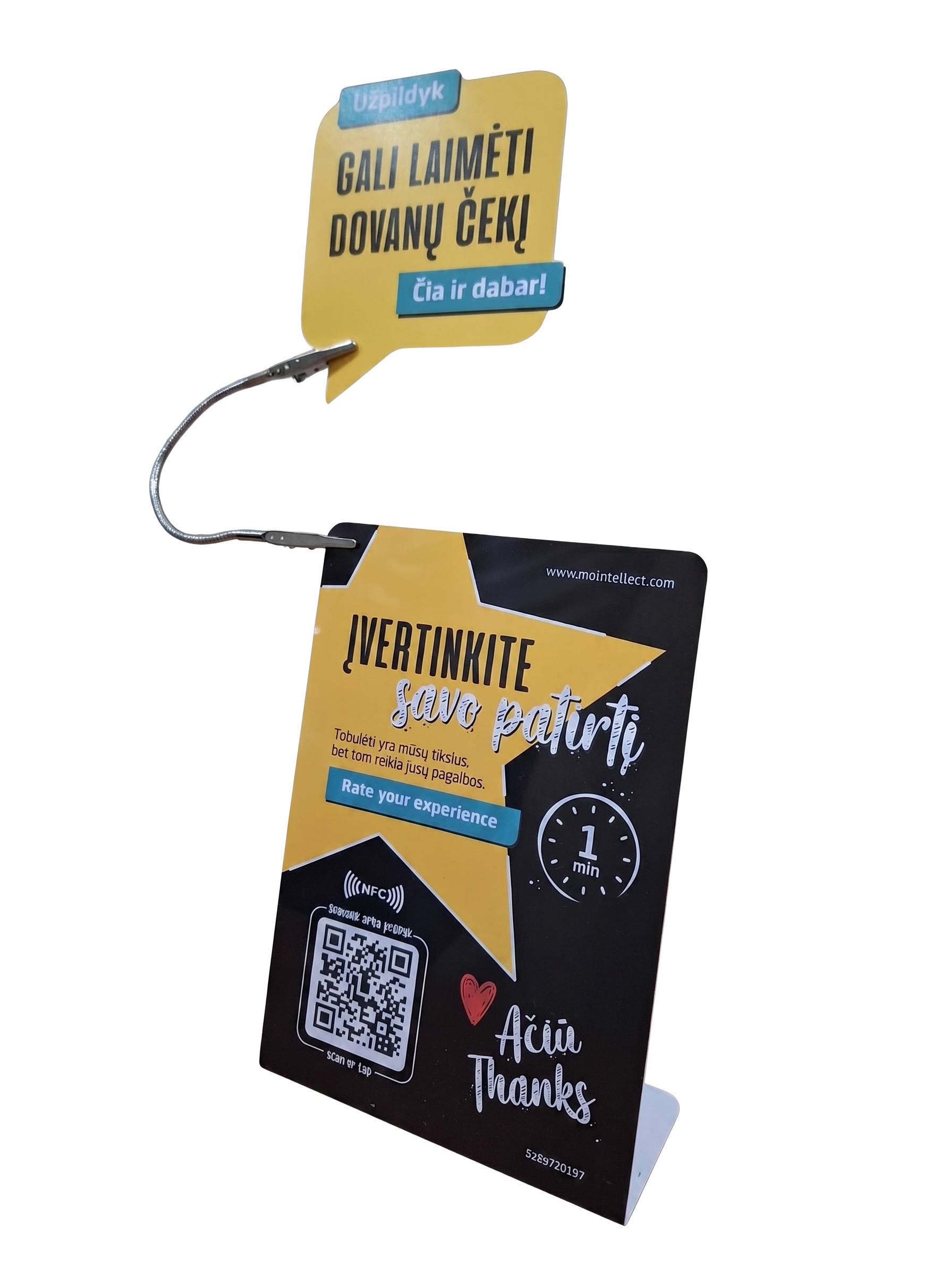 mOintellect Google atsiliepimų stovelis su QR ir NFC
